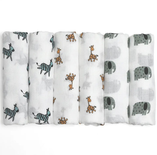 6pk Muslin Swaddles - Animal Safari