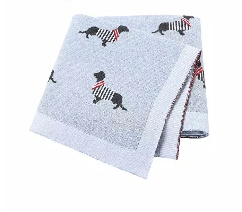 Cotton knit Dachshund print blanket - Soft blue