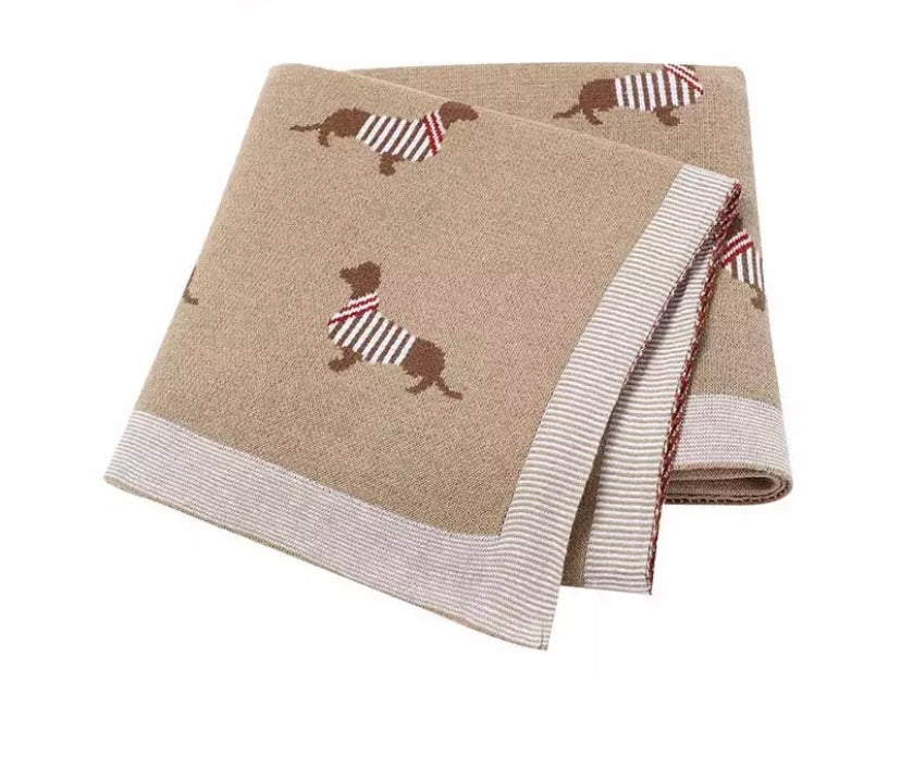 Cotton knit Dachshund print blanket - Sand