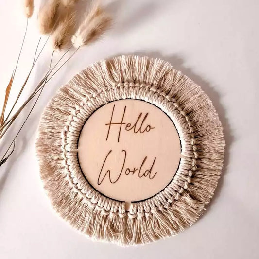 Wooden macrame laser engraved plaque - ‘ Hello world ‘